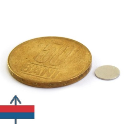 Magnet neodim disc 07 x 0.4 mm cu moneda de 50 bani și magnetizare