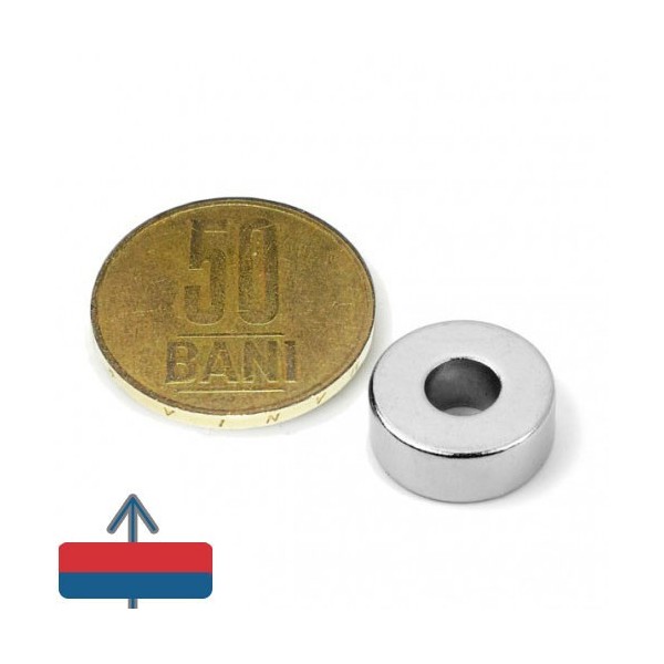 Magnet neodim inel 15 x 06 x 06 mm  cu magnetizare și moneda de 50 bani