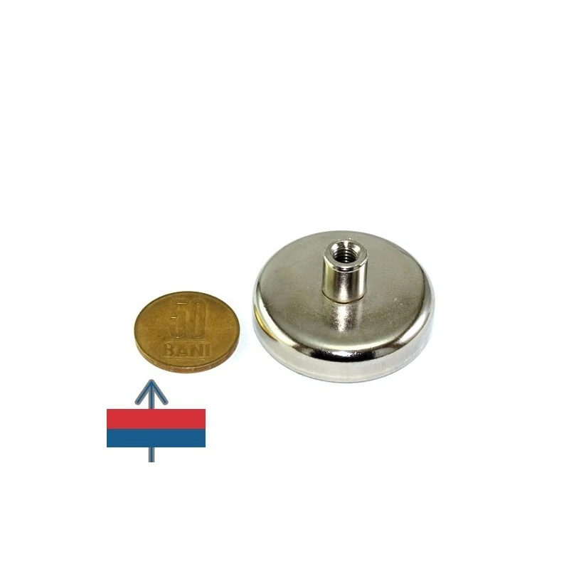 Magnet neodim oală D 42 mm cârlig inelar cu 50 bani și cârlig demontat