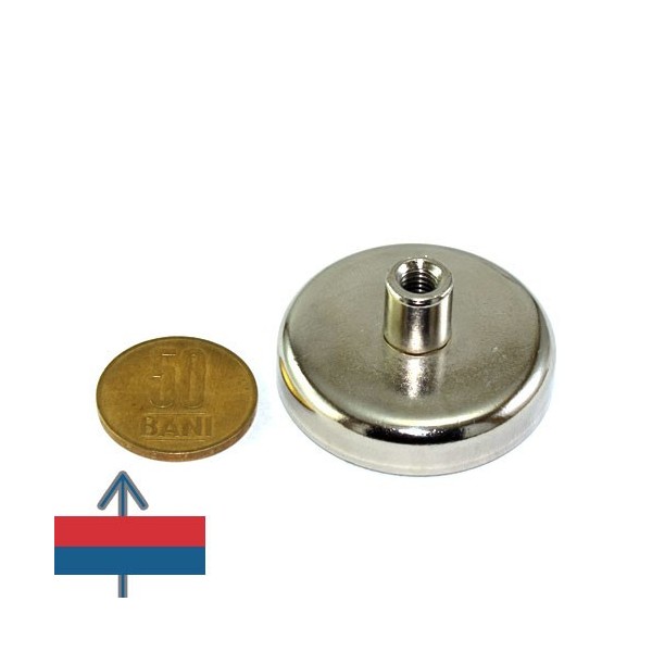 Неодимов магнит тенджера Ø42 мм с пръстеновиден кука, монета 50 стотинки и разглобена кука