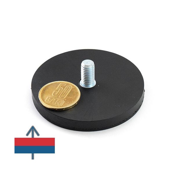 Magnet neodim oala D66 mm cauciucat cu filet exterior - cu moneda de 50 bani