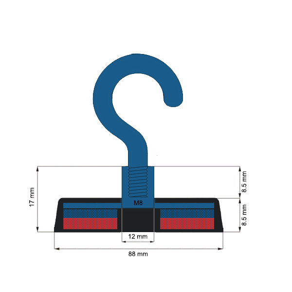 Неодимов магнит тенджера Ø88 мм с каучуково покритие и кука C