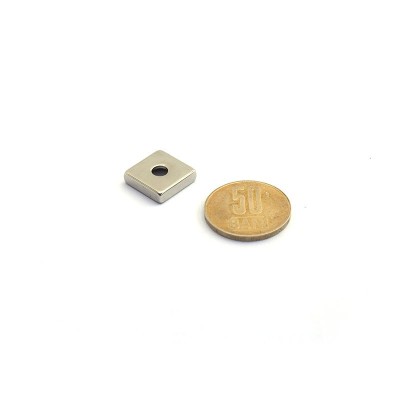 Magnet neodim bloc 15 x 15 x 4 mm cu gaura îngropată D4,5 D9,6 - N35 moneda spate