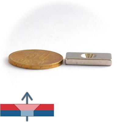 Magnet neodim bloc 20 x 10 x 5 mm cu gaura ingropata D4,5 D9,46 - N42 cu magnetizare