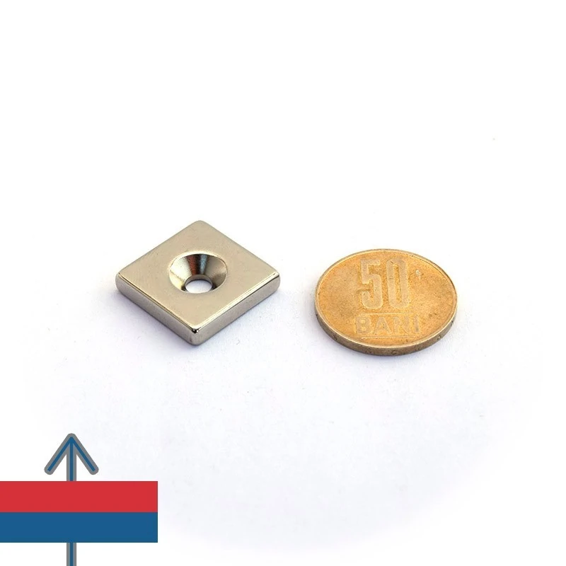 Magnet neodim bloc 20 x 20 x 4 mm cu gaura ingropata D4,5 D9,6 - N35 cu magnetizare