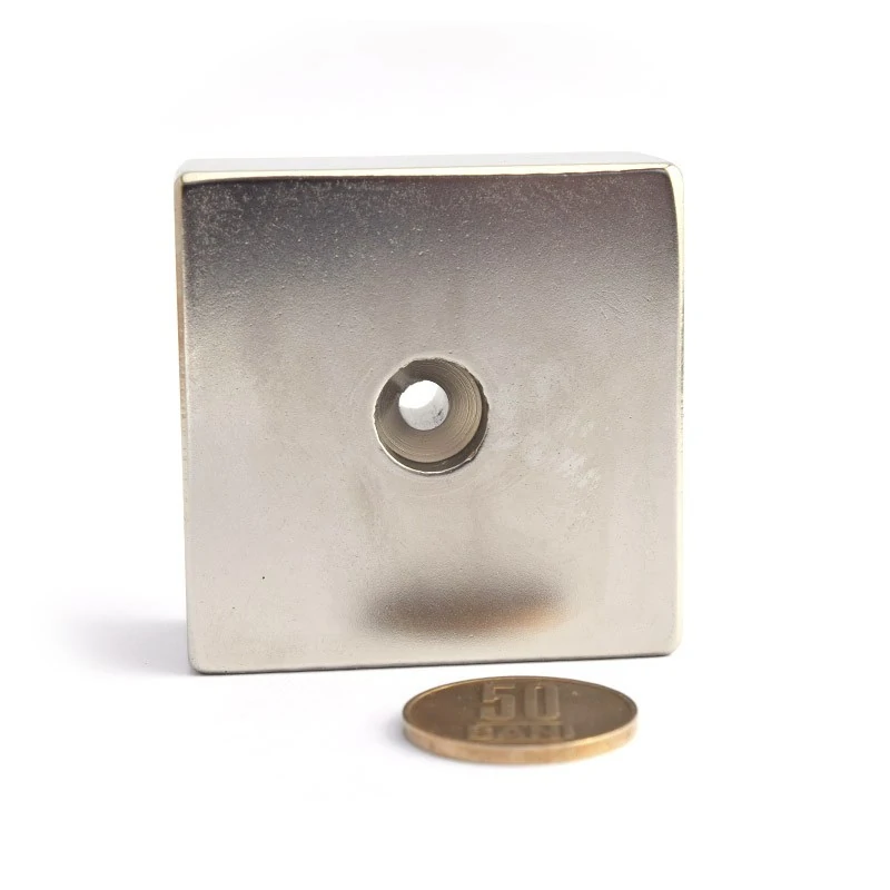 Magnet neodim bloc 55 x 55 x 25 mm cu gaura ingropata D5,5 D12 - N45