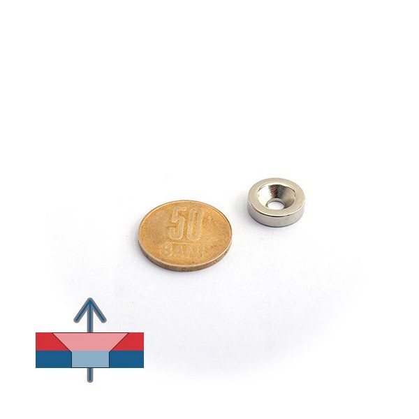 Magnet neodim disc 15 x 4 mm cu gaura ingropata D4,5 D9,46 - N35 cu magnetizare proportional