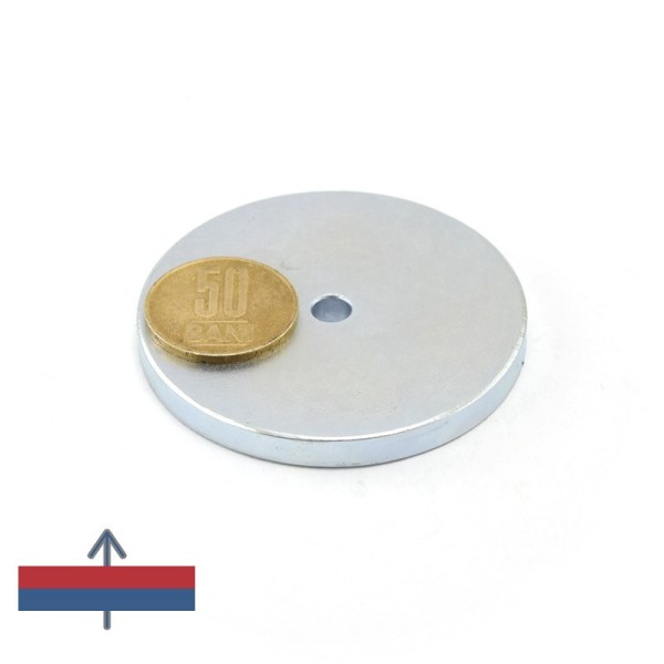 Magnet neodim inel 60 x 6 x 6 mm cu magnetizare și moneda de 50 bani deasupra