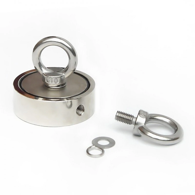 Magnet neodim oală D 75 mm cu două cârlige inelare și două fețe x 250 kg - magnet fishing - componente