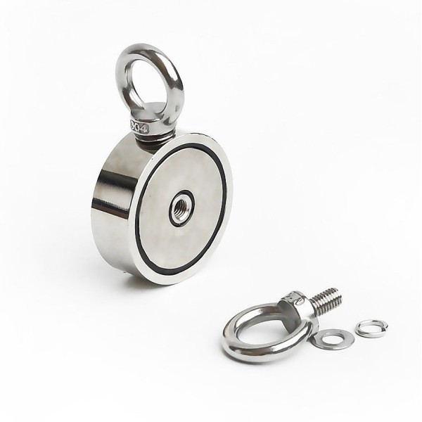 Неодимов магнит тенджера Ø75 мм с две пръстеновидни куки и две страни x 250 кг - магнитен риболов