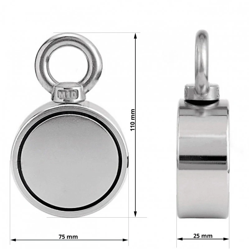 Magnet neodim oală D 75 mm cu două cârlige inelare și două fețe x 250 kg - magnet fishing - cu dimensiuni