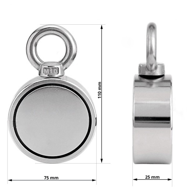 Неодимов магнит тенджера Ø75 мм с две пръстеновидни куки и две страни x 250 кг - магнитен риболов - с размери
