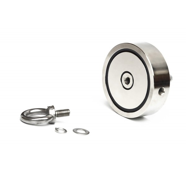 Magnet neodim oală D 94 mm cu două cârlige inelare și două fețe x 300 kg - magnet fishing - componente