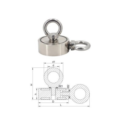Magnet neodim oală D 94 mm cu două cârlige inelare și două fețe x 300 kg - magnet fishing - schița
