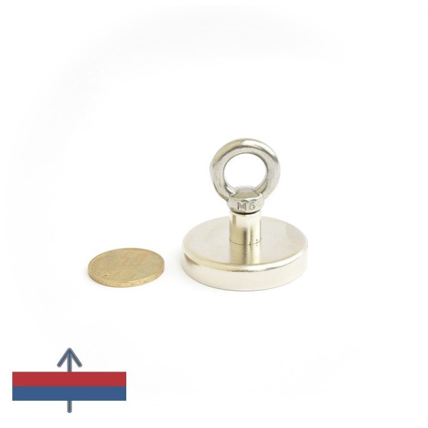 Феритен магнит тенджера Ø40 мм с пръстеновидна кука, намагнитване и монета 50 стотинки