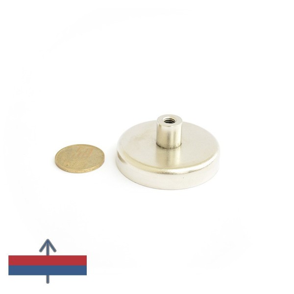 Magnet ferită oală D 50 mm cu gât filetat la interior magnetizare și moneda de 50 bani