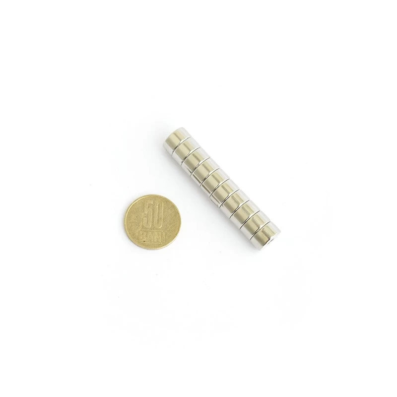 Magnet neodim inel 12 x 4 x 6 mm grup cu moneda de 50 bani
