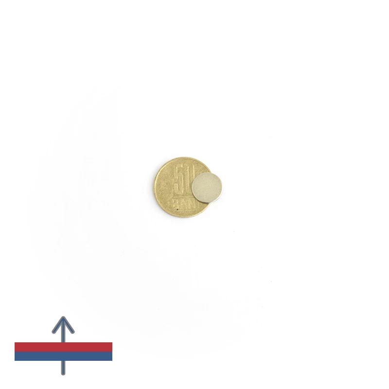 Magnet neodim disc 12 x 1 mm cu magnetizare peste moneda de 50 bani de sus