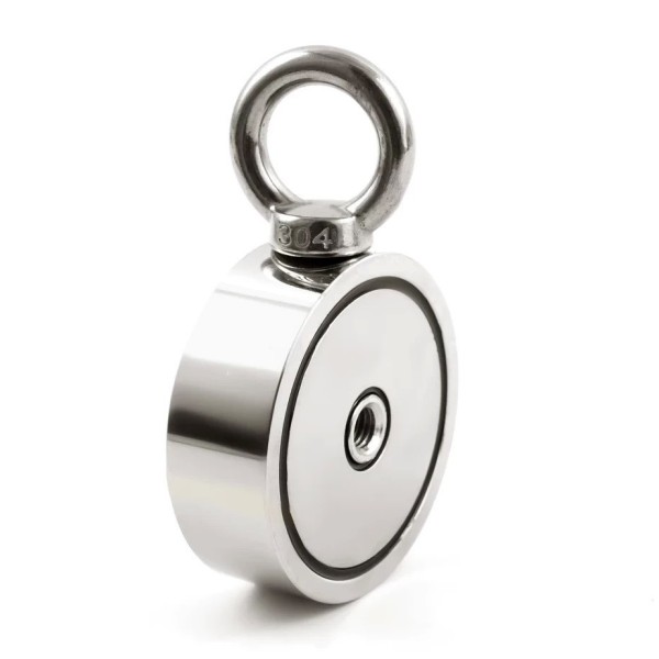 Неодимов магнит тенджера Ø75 мм с две пръстеновидни куки и две страни x 160 кг - магнитен риболов - вертикален