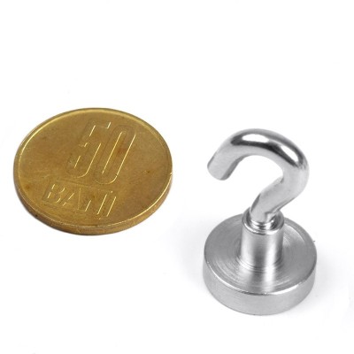Magnet neodim oală D 16 mm filet interior și cârlig cu moneda de 50 bani