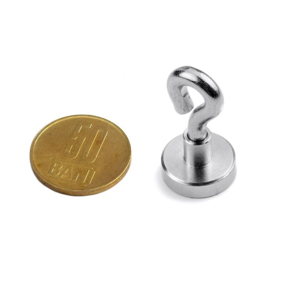 Неодимов магнит тенджера Ø16 мм с вътрешна резба и пръстеновидна кука с монета 50 стотинки
