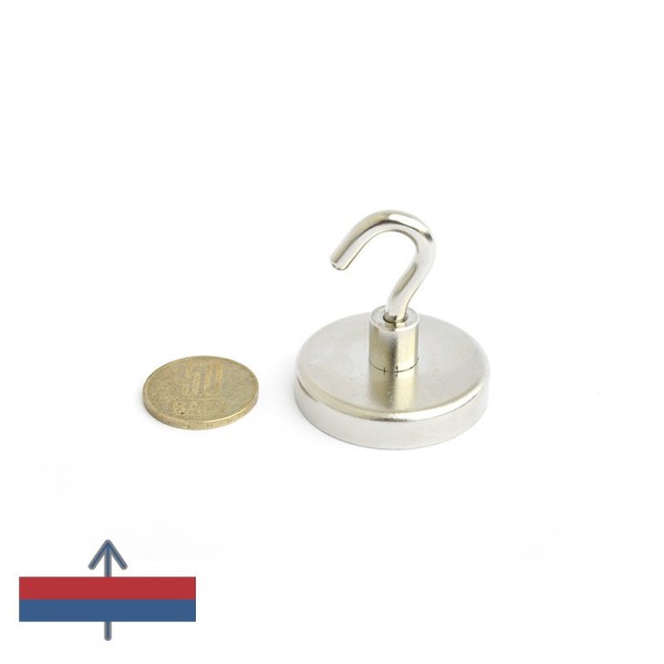 Magnet ferită oală D 40 mm cu cârlig magnetizare și moneda de 50 bani