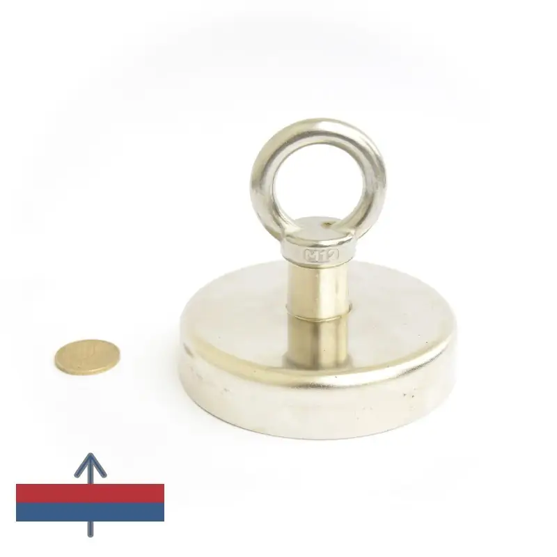 Magnet ferită oală D 100 mm cu cârlig inelar magnetizare și moneda de 50 bani