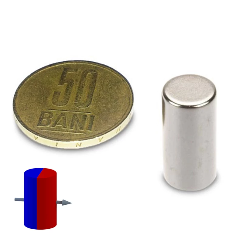 Magnet neodim cilindru 10 x 20 mm diametral cu magnetizare și 50 bani