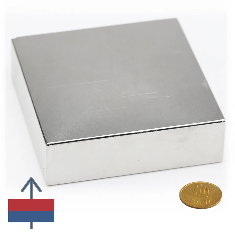 Magnet neodim bloc 100 x 100 x 30 mm cu magnetizare și 50 bani