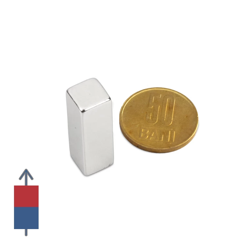 Magnet neodim bloc 10 x 10 x 30 mm cu magnetizare și moneda de 50 bani