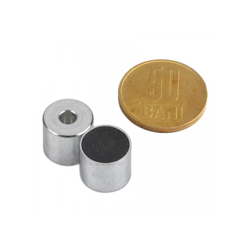 Magnet neodim oală D 13 x 11,5 mm cu gaură și capac de cauciuc cu moneda de 50 bani