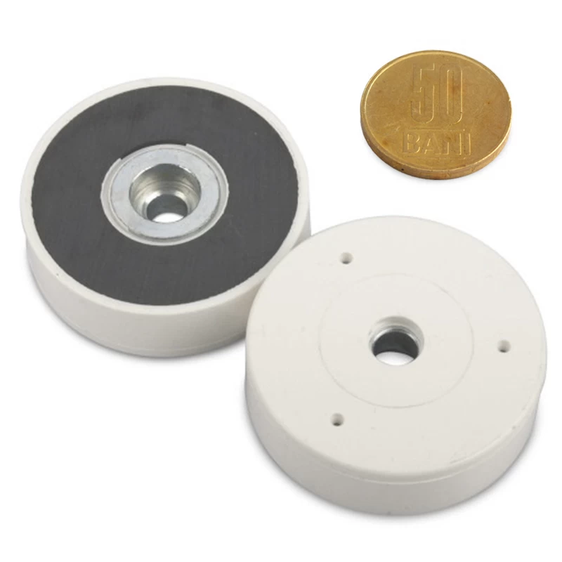 Magnet ferită inel 43 x 10 x 12,5 mm tip oală în carcasă de plastic alb 2 buc