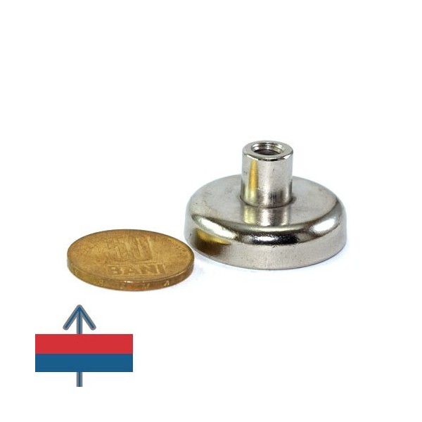 Magnet neodim oală D 32 mm cu gât filetat la interior cu moneda de 50 bani