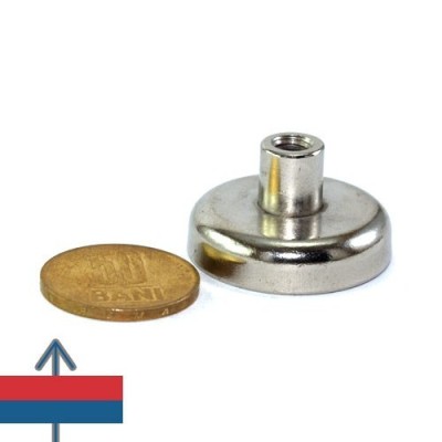 Magnet neodim oală D 32 mm cu gât filetat la interior cu moneda de 50 bani