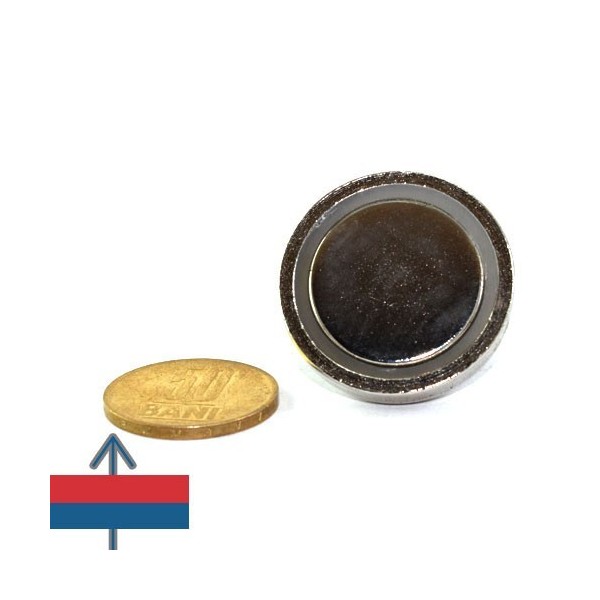 Magnet neodim oală D 32 mm cu gât filetat la interior verso cu moneda de 50 bani
