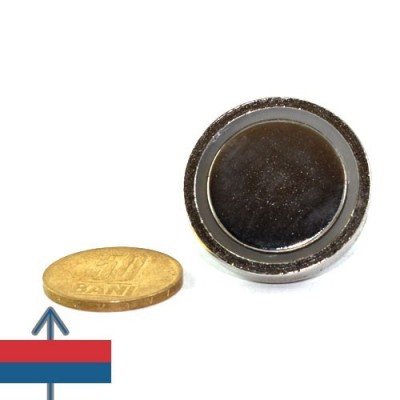 Magnet neodim oală D 32 mm cu gât filetat la interior verso cu moneda de 50 bani