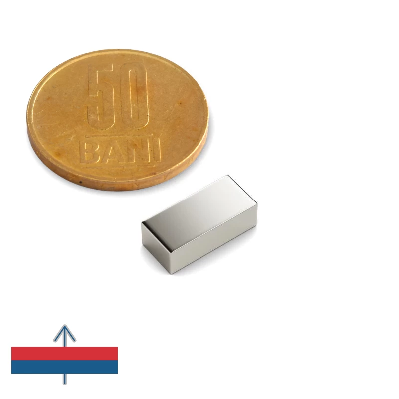 Magnet neodim bloc 13 x 6 x 4 mm cu magnetizare și moneda de 50 bani