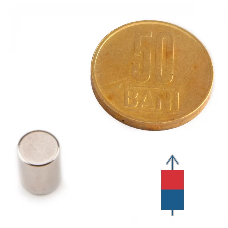 Magnet neodim cilindru 8 x 11 mm cu moneda de 50 bani și magnetizare
