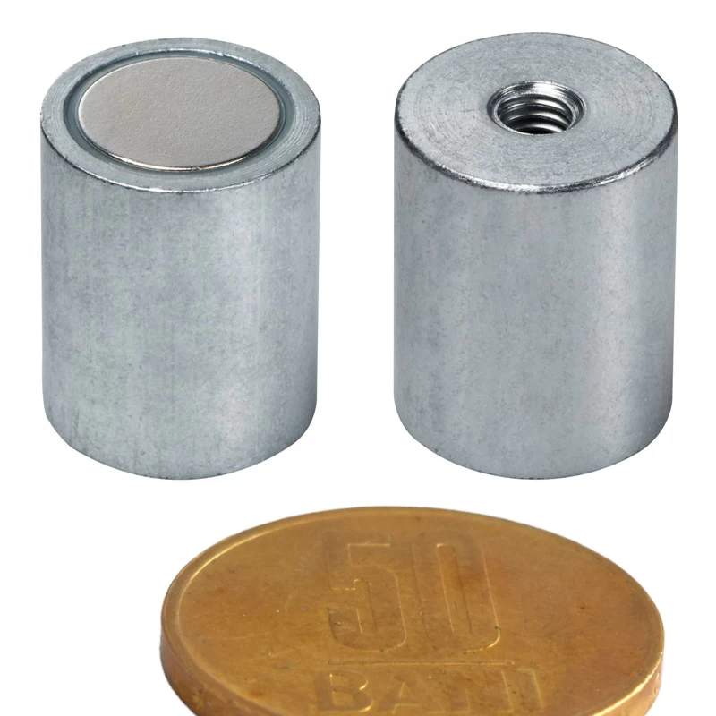 Magnet neodim oală D 13 mm x H 20 mm cu filet interior cu moneda de 50 bani