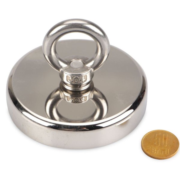 Неодимов магнит тенджера Ø80 мм с пръстеновидна кука - риболов с монета 50 стотинки