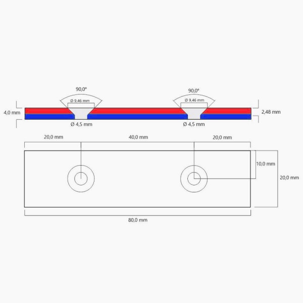 Неодимов блок магнит 80 x 20 x 4 mm с фрезовани отвори D4,5 / D9,46 mm – схема