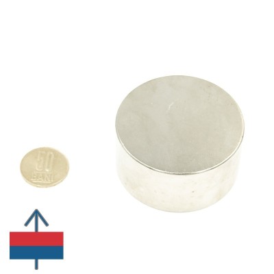 Magnet neodim disc 60 x 30 mm cu moneda de 50 bani și magnetizare