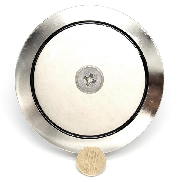 Неодимов магнит тенджера Ø120 мм с пръстеновидна кука - магнитен риболов - отзад с монета 50 стотинки