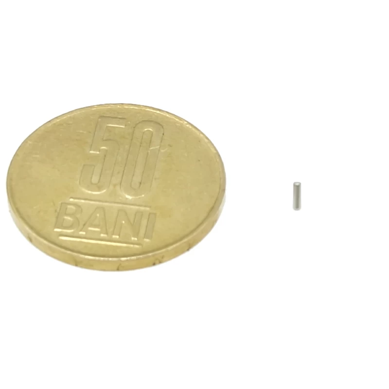 Magnet neodim cilindru 1 x 3 mm cu moneda de 50 bani vertical