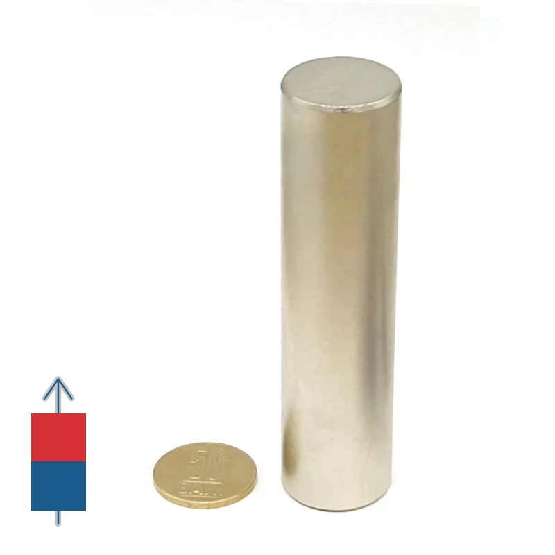 Magnet neodim cilindru 25 x 100 mm cu magnetizare și moneda de 50 bani