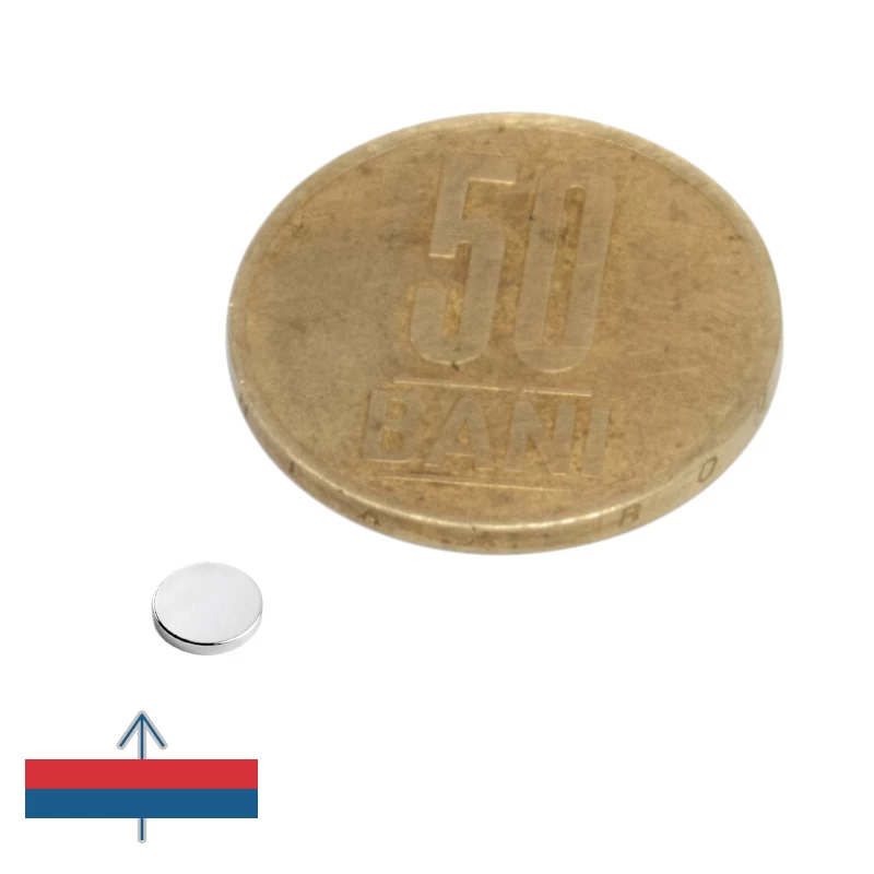 Magnet neodim disc 5 x 1,5 mm cu magnetizare și moneda de 50 bani