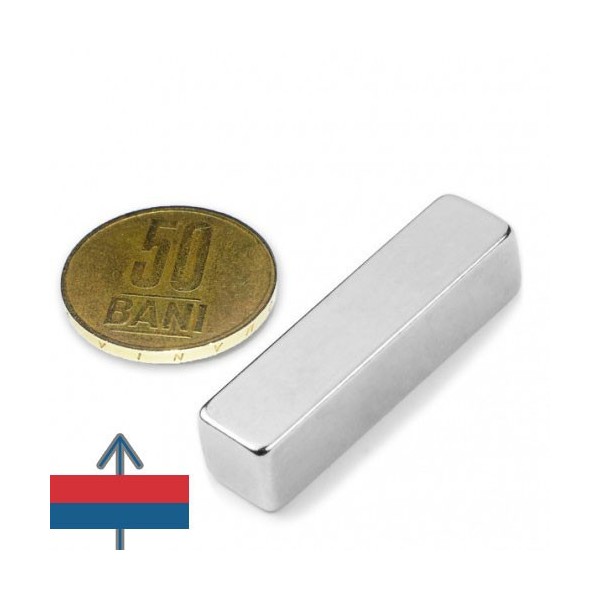 Magnet neodim bloc 40 x 10 x 10 mm cu moneda de 50 bani