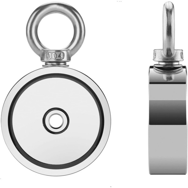 Неодимов магнит тенджера Ø48 мм с две пръстеновидни куки и две страни x 70 кг - магнитен риболов - страничен изглед