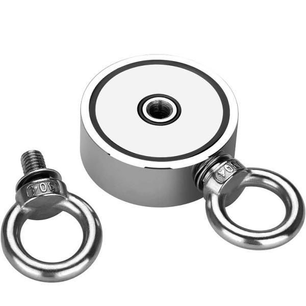 Неодимов магнит тенджера Ø48 мм с две пръстеновидни куки и две страни x 70 кг - магнитен риболов с разглобена кука