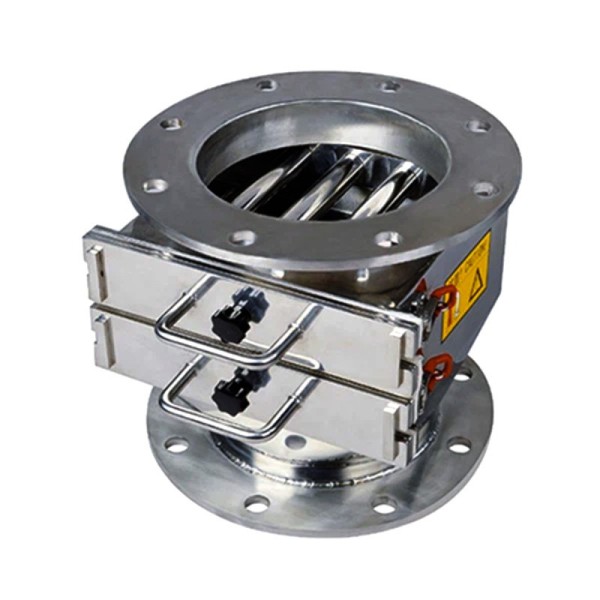 Кръгъл магнитен сепаратор Ø 273 мм, височина 286 мм с две правоъгълни решетки 308 x 305 мм и кръгла фланец